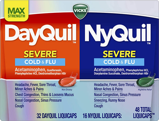 Vicks DayQuil and NyQuil SEVERE Cold & Flu Combo Medicine, Max Strength Relief, 48 Count - 32 Dayquil 16 Nyquil for Sore Throat, Fever, Congestion and Sinus