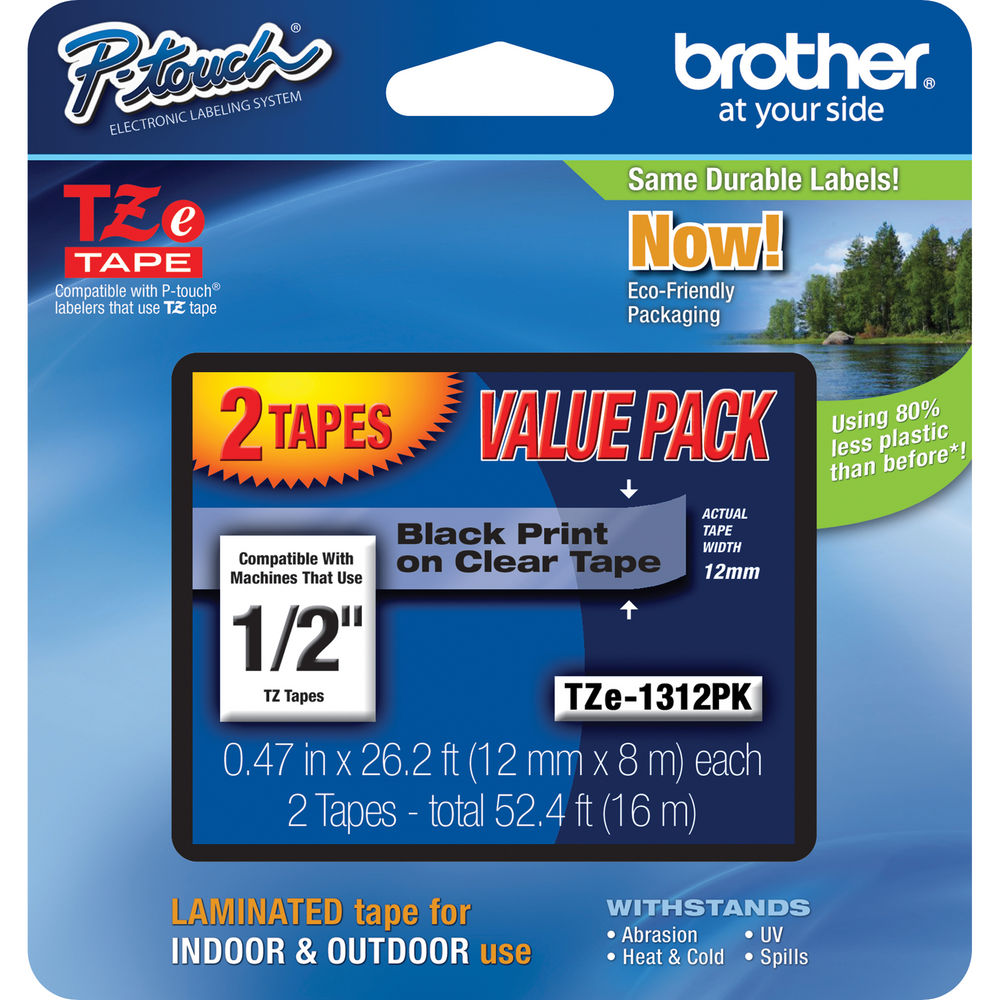 Brother Laminated Tape Black on Clear ½”(0.47”) x 26.2 ft. (8m) 2-Pack Laminated P-Touch Tape