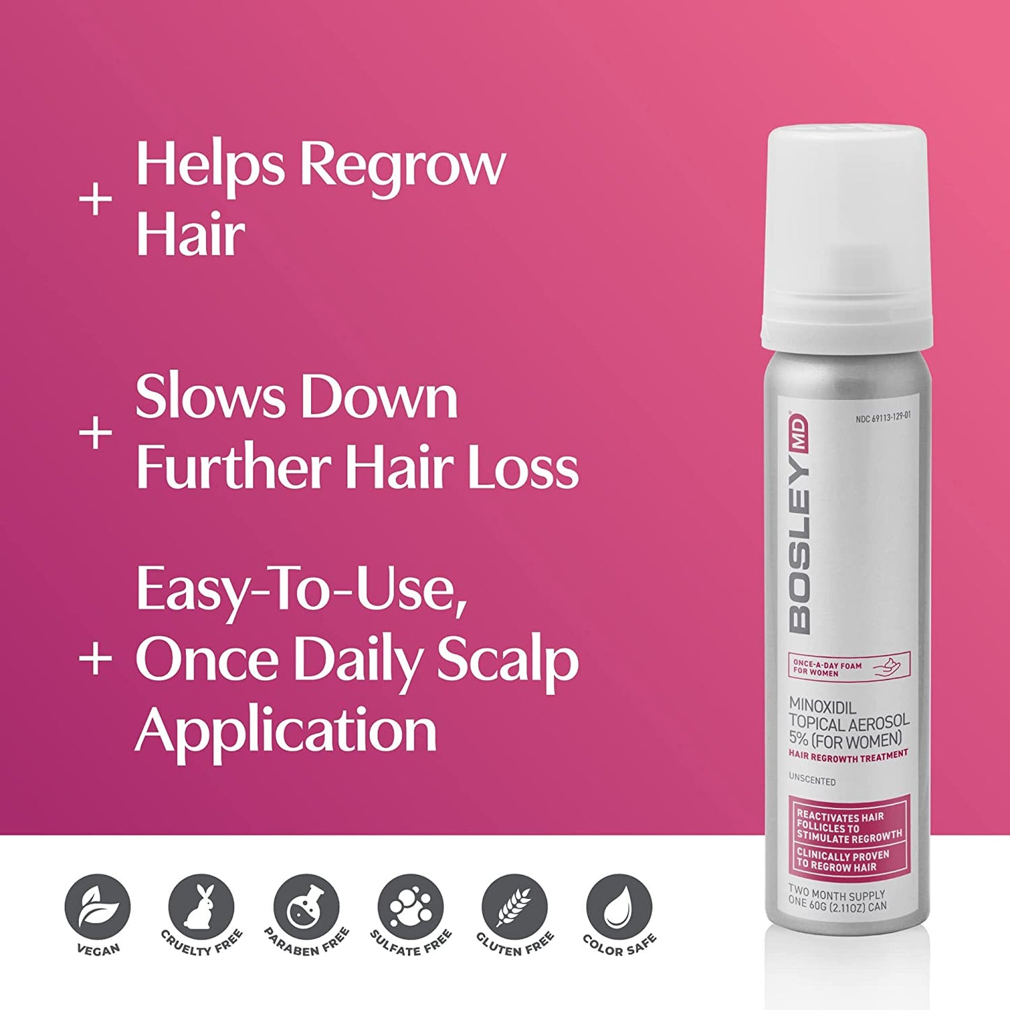 Bosley MD Women's Hair Regrowth Foam 1 month supply, 60g