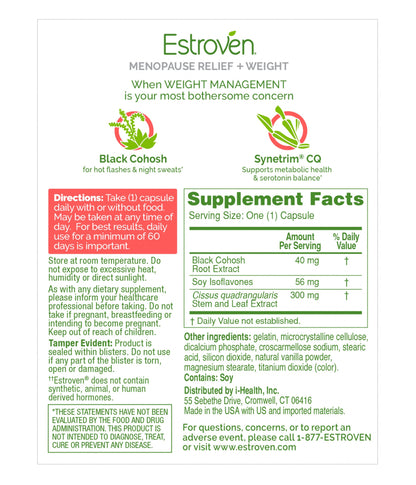 Estroven Menopause Relief + Weight, 30 Capsules