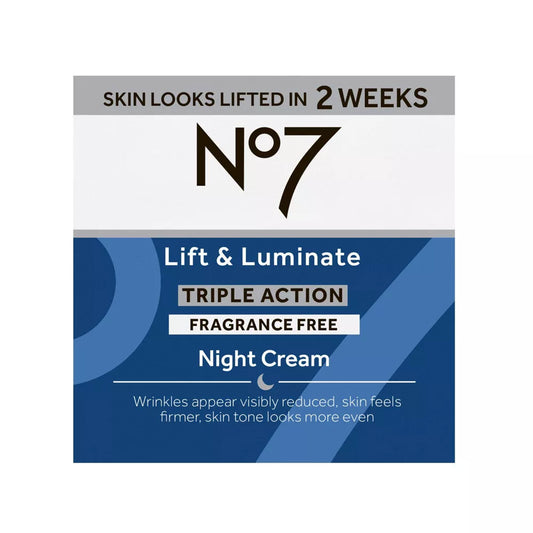 No7 Lift and Luminate Triple Action Fragrance Free Night Cream, 1.69 oz