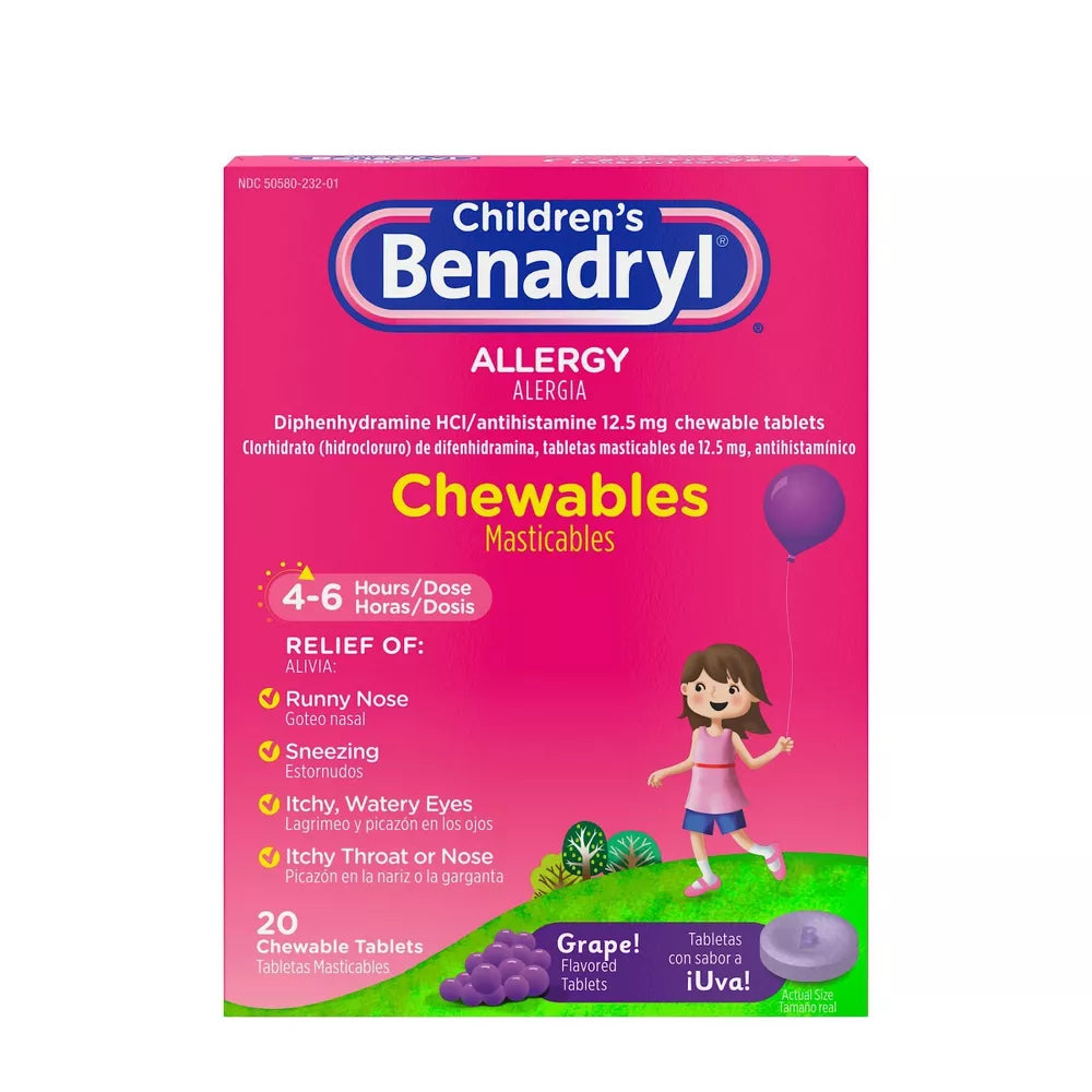 Benadryl Children's  Allergy Relief Chewable Tablets Grape Flavor, 20 Count