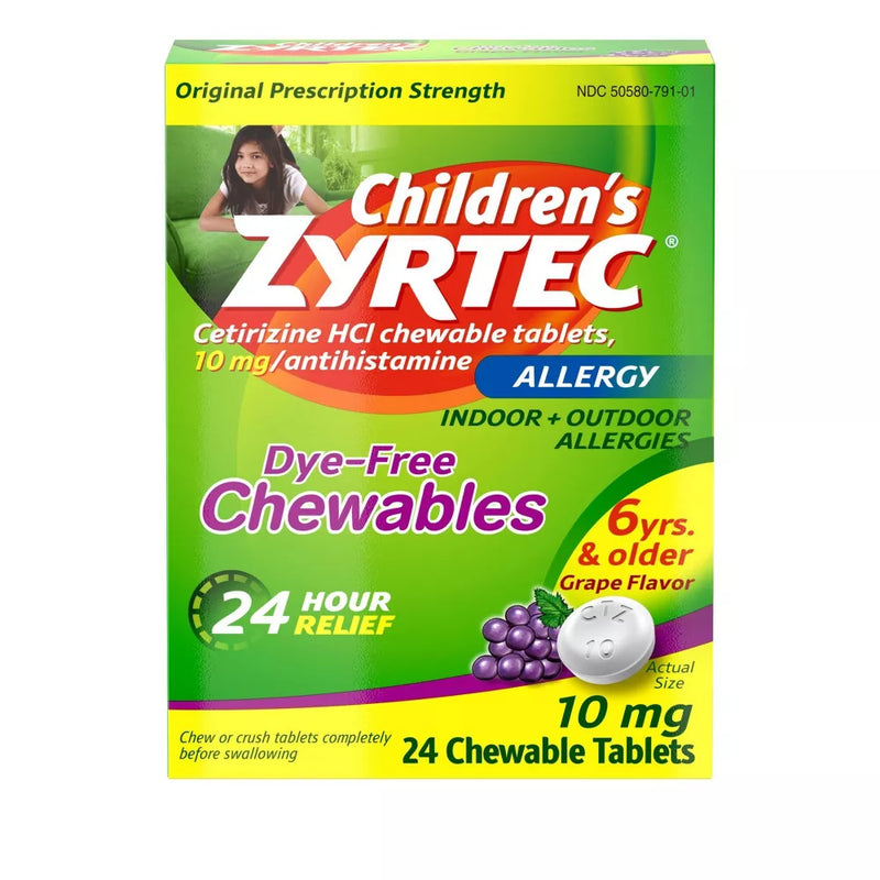Zyrtec Children's Dye Free Cetirizine 10mg Chewables Grape, 24ct