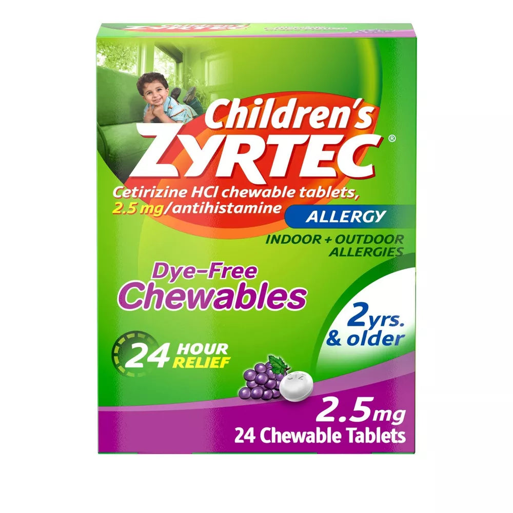 Zyrtec Children's Dye Free Cetirizine 2.5mg Chewables Grape, 24ct