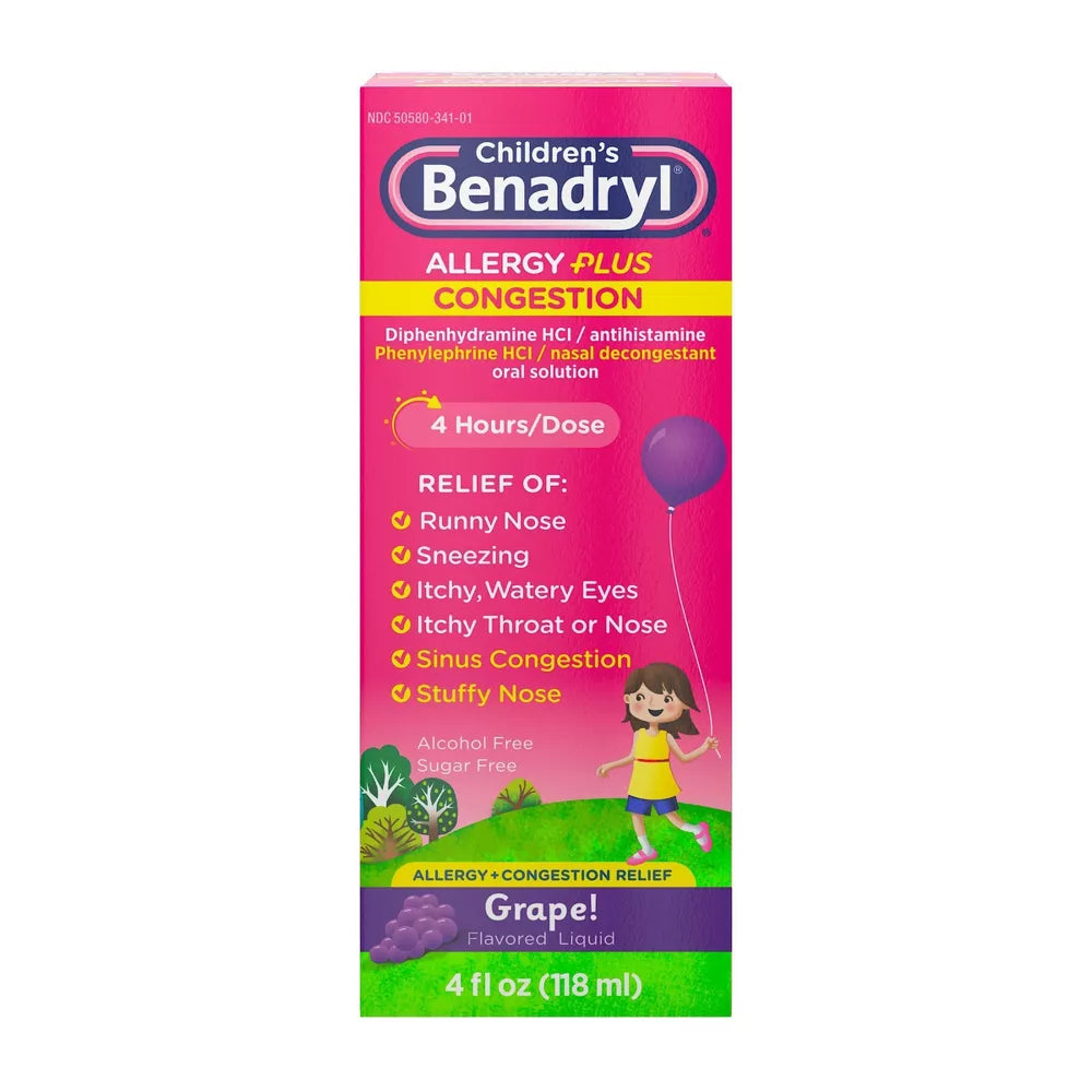 Benadryl Children's Allergy Plus Congestion Relief Liquid Grape Flavor, 4 oz