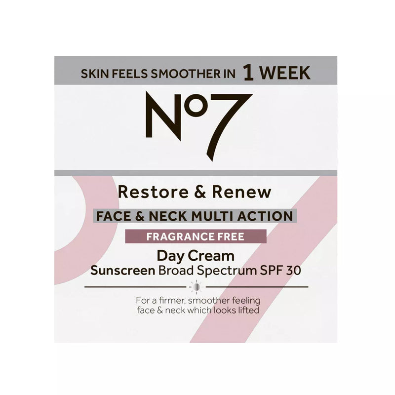 No7 Restore and Renew Face & Neck Multi Action Fragrance Free Day Cream with SPF 30, 1.69 oz