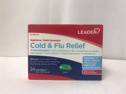 LEADER Cold & Flu Relief - Nighttime Multi-Symptom 24 Softgels (Pack of 3)
