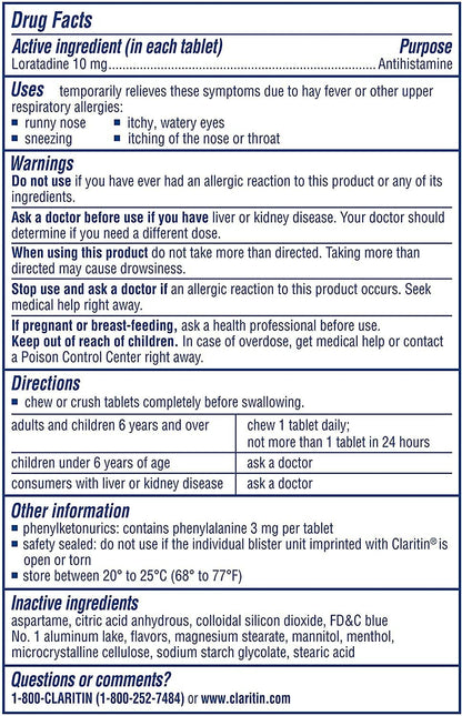 Claritin 24-Hour-Non-Drowsy Allergy Cool Mint, 8 Chewable Tablets