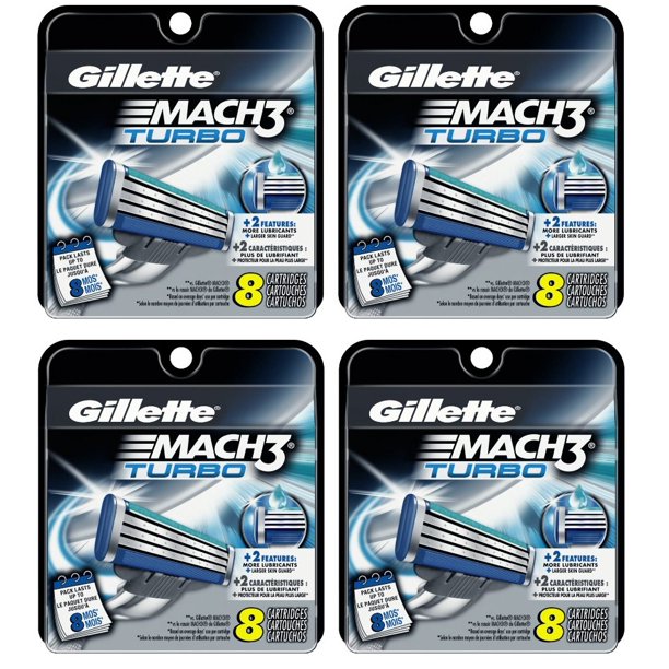 Pack of 32 Gillette Mach3 Mach 3 Refill Razor Blade Cartridges, 4 x 8 Packs