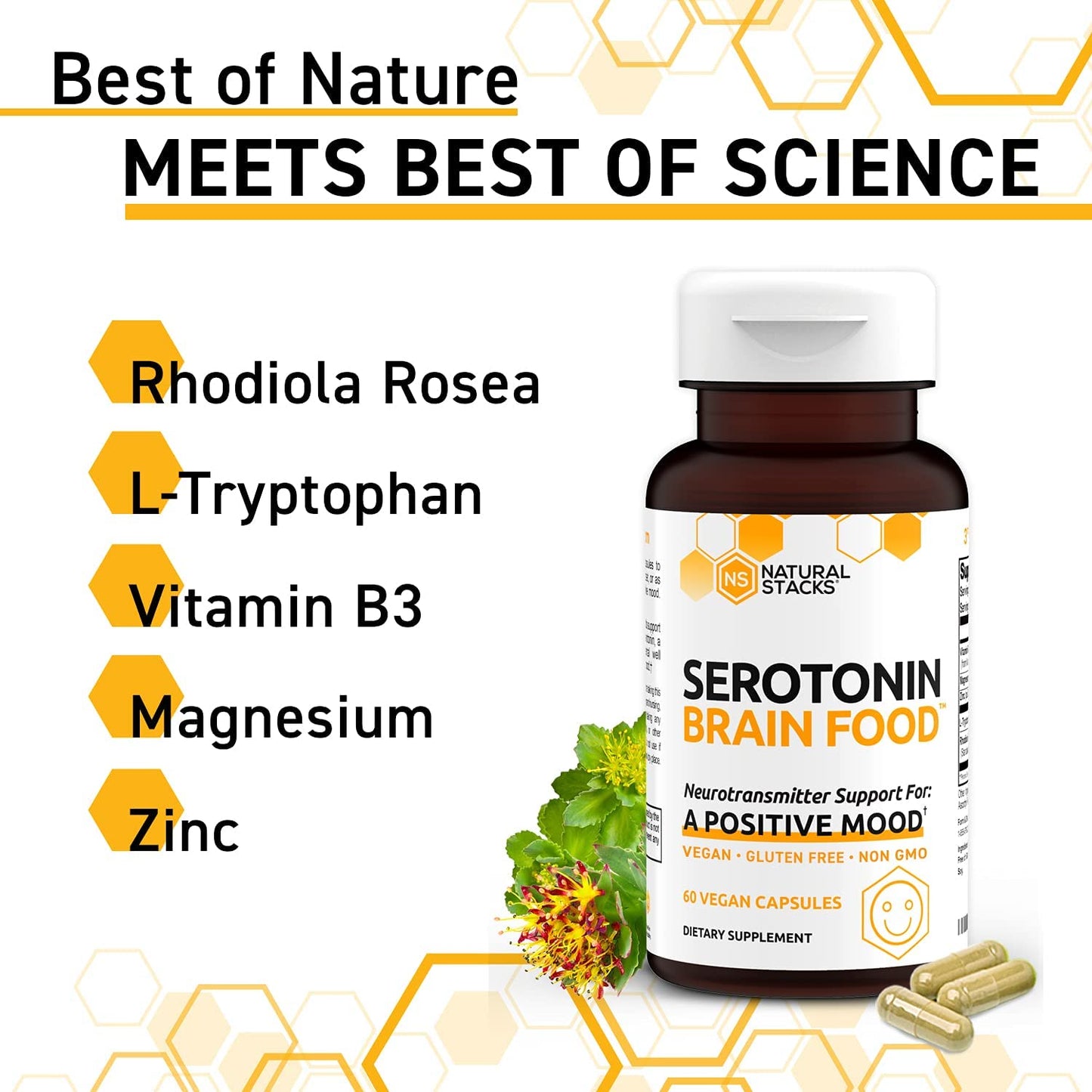 Natural Stacks Serotonin Brain Food - Support for a Positive Mood, 60 Vegetarian Capsules