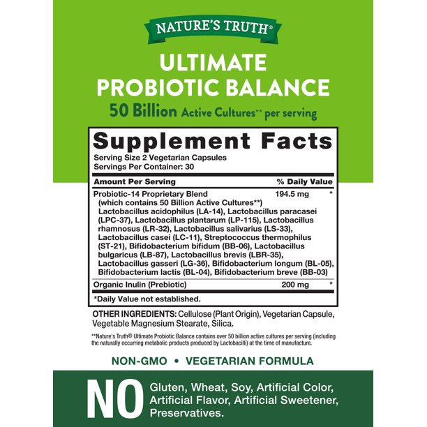 Nature's Truth Ultimate Probiotic Balance 50 Billion CFU 14 Stains Gluten Free/Non GMO, 60 Capsules